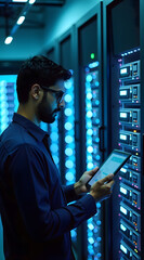 A young South Asian man with glasses checks his tablet in a modern data center surrounded by bright blue LED lights and server racks