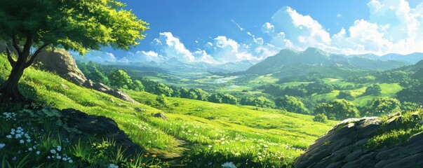 Lush green valley under bright blue sky with mountains and wildflowers