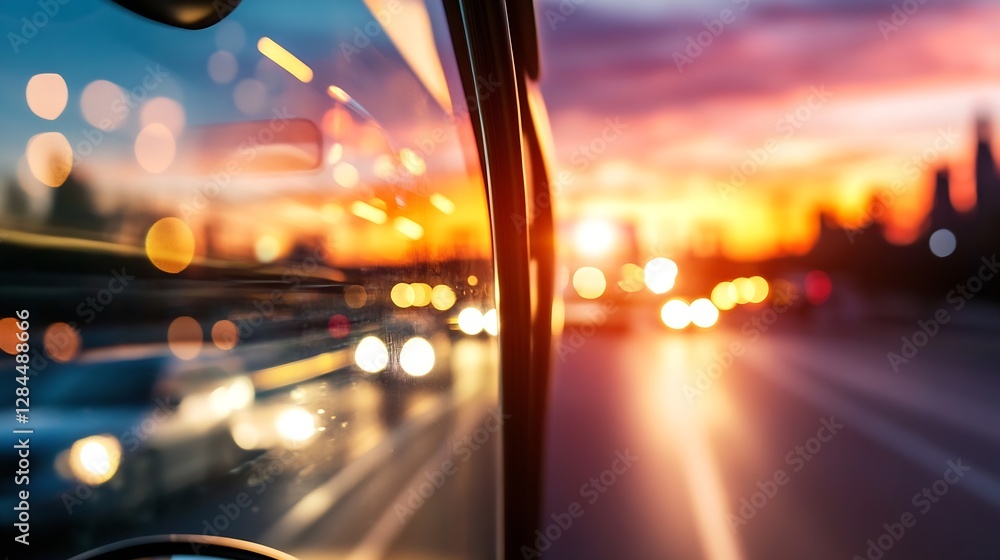Poster Dynamic Urban Sunset Scene Capture with Blurry Lights and Reflections from a Moving Vehicle : Generative AI