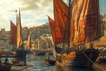 Historical sailing ships with red sails entering a vibrant medieval city port.