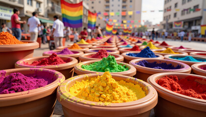 Fototapeta premium Colorful pot arrangement during Holi celebration in urban locality, festive joy