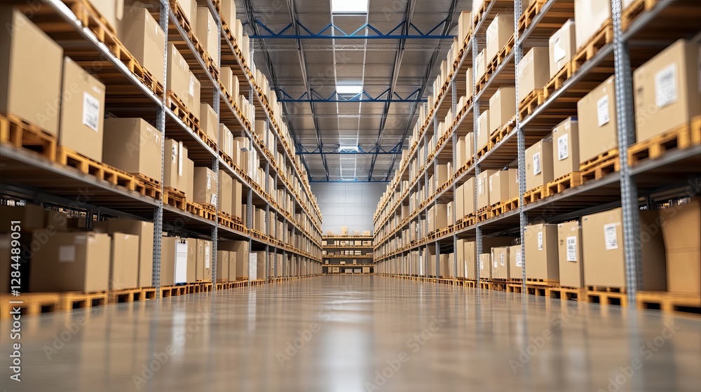 Poster empty warehouse in a logistics center designed for storage and distribution 3d rendering