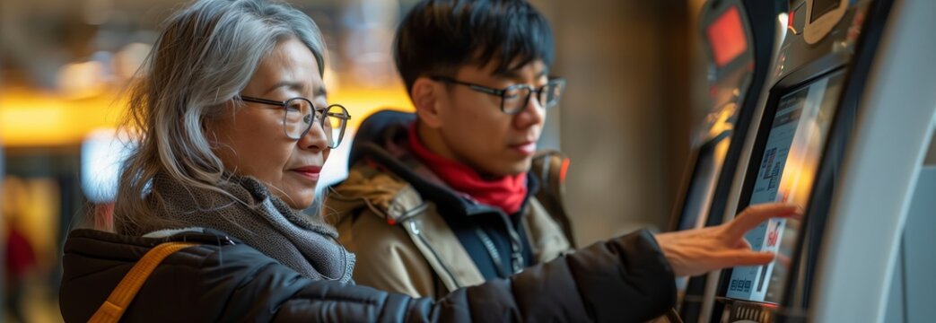 A woman and a young man interacting with a digital kiosk in a modern environment.