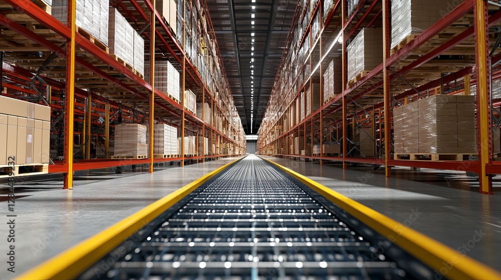 Poster empty warehouse in a logistics center designed for storage and distribution 3d rendering