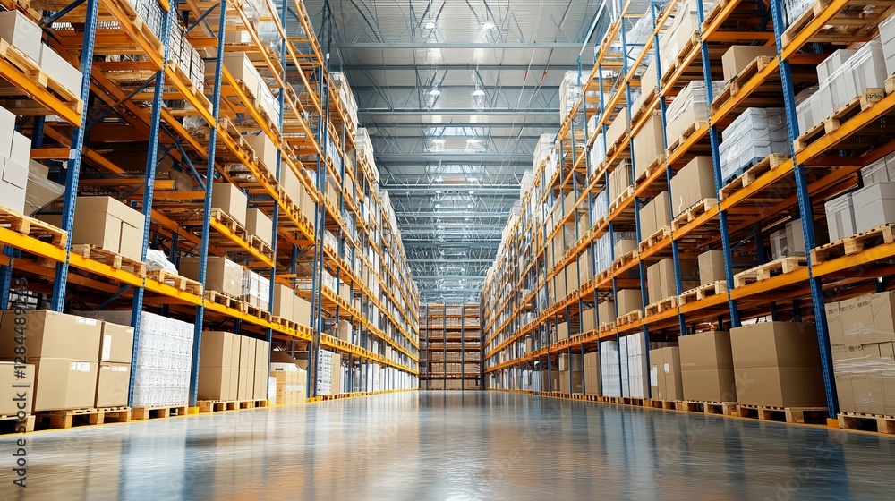 Poster empty warehouse in a logistics center designed for storage and distribution 3d rendering