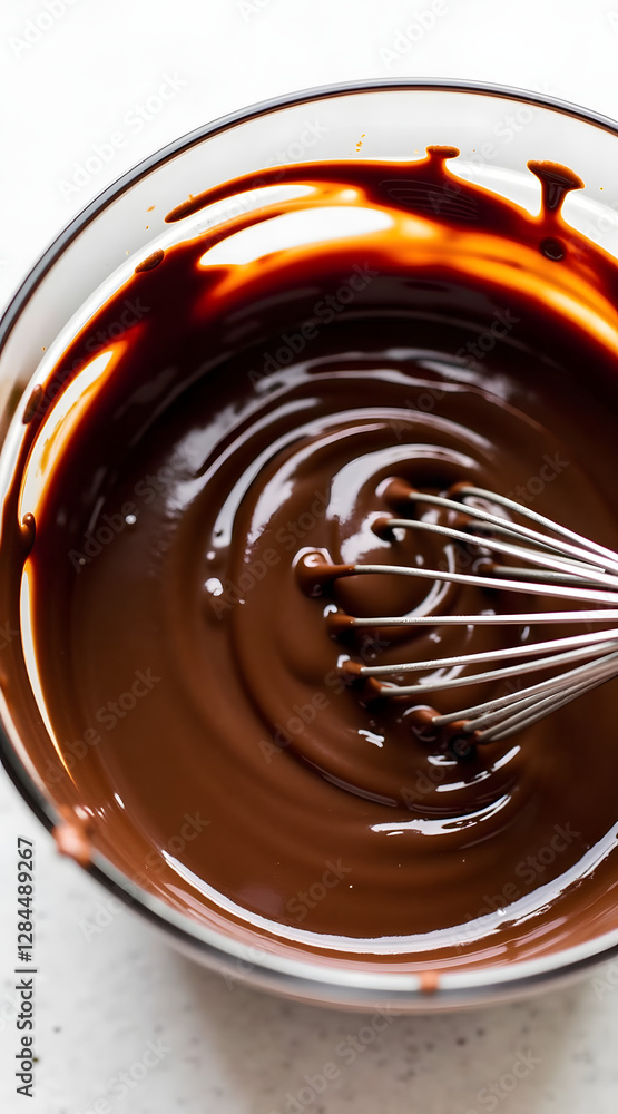 Aufkleber rich chocolate mixture in a clear bowl being whisked with a metal whisk creating a smooth and glossy