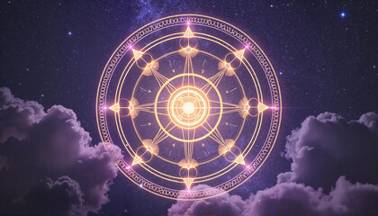 Glowing esoteric mandala against starry sky, divine connection, esoteric