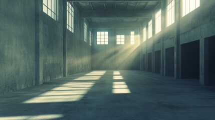 Empty warehouse or storehouse illuminated by natural daylight 3D illustration