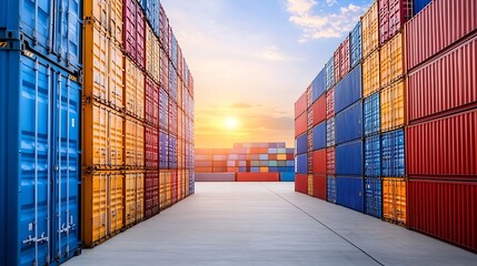 Fototapeta premium Colorful shipping containers stacked at sunset creating a vibrant industrial scene : Generative AI