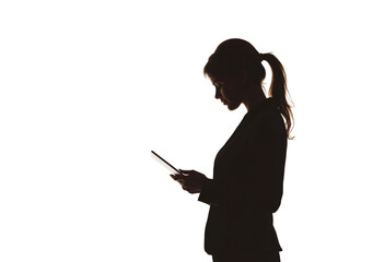 a business woman standing and reading isolated on a transparent background