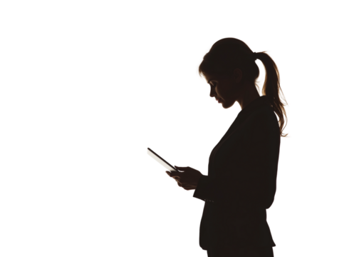 a business woman standing and reading isolated on a transparent background