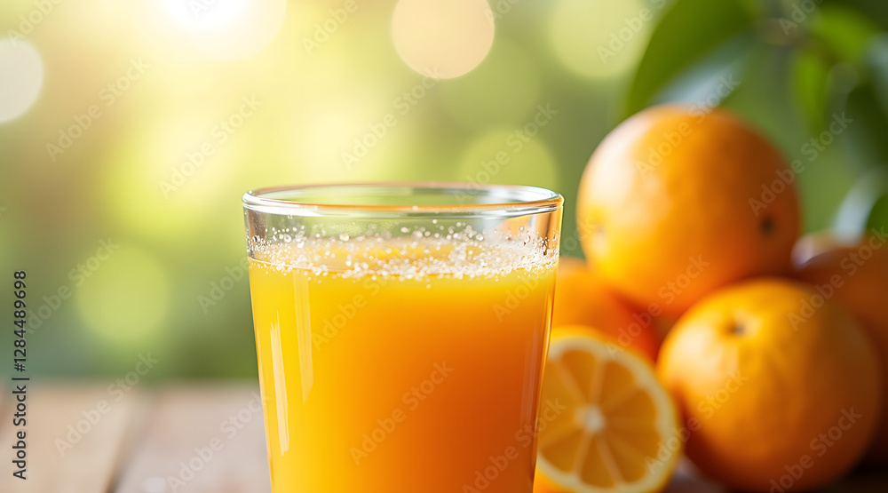 Poster freshly squeezed orange juice in a glass with a soft bokeh background and ripe oranges stacked nearb