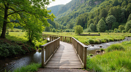 Serene wooden bridge crossing gentle stream in lush valley, tranquility