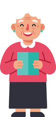 Fototapeta premium Happy elderly woman holding a book in flat vector art style vector illustration