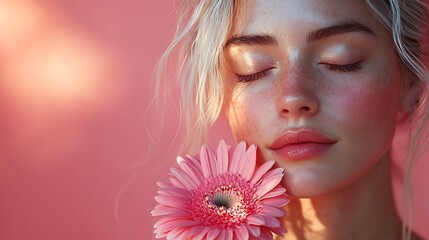 Person with Long Blonde Hair and Bright Pink Flower