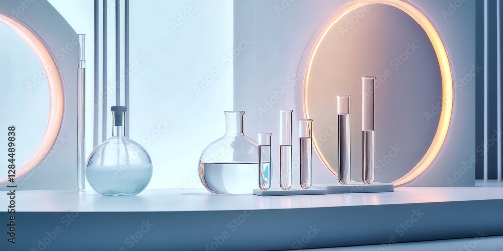 Poster a modern laboratory scene showcasing various glass containers. the design features minimalistic elem