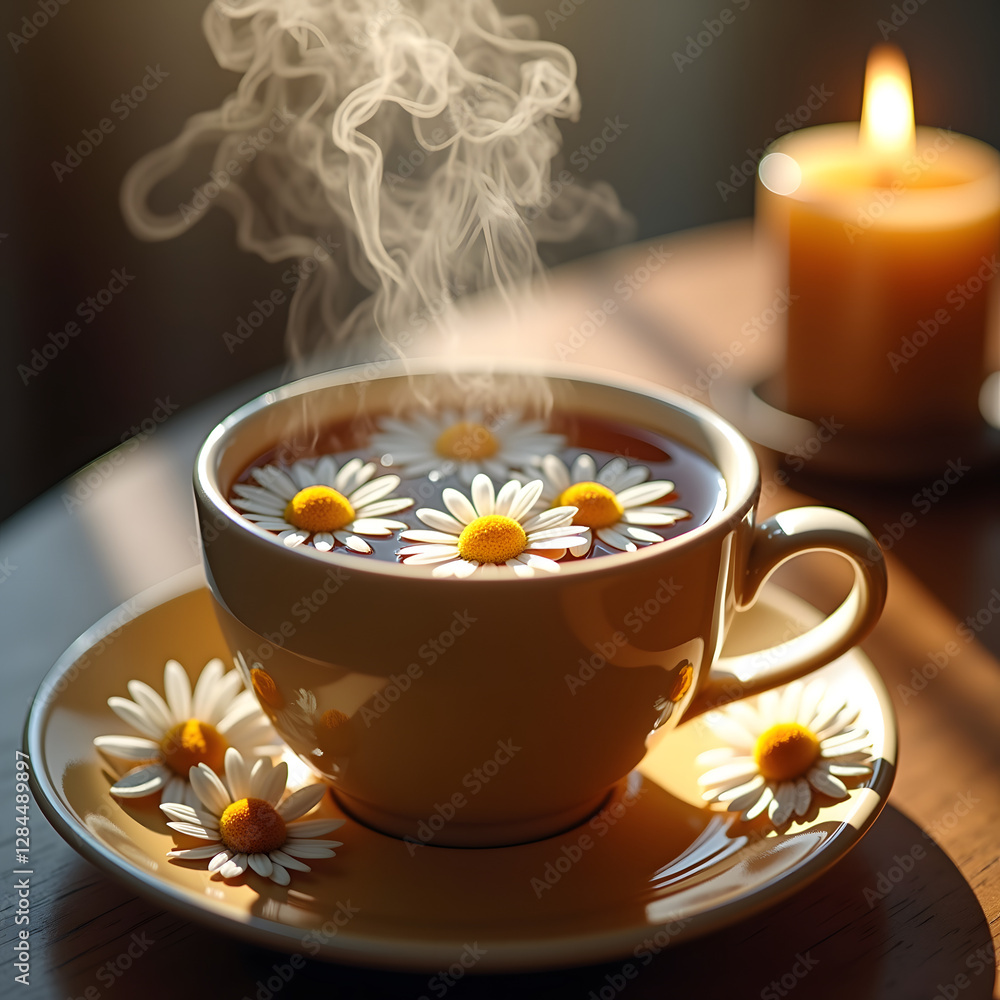 Poster a steaming cup of chamomile tea with floating daisies sits on a saucer, illuminated by soft candleli