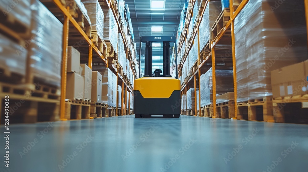 Poster forklift inside a smart warehouse operating in an automated stock storage system with aipowered logi