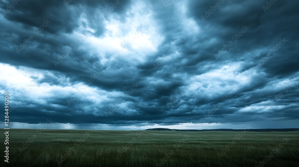 Poster Dramatic storm clouds rolling over a vast green field creating a powerful and moody atmosphere : Generative AI