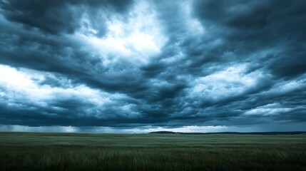 Obraz premium Dramatic storm clouds rolling over a vast green field creating a powerful and moody atmosphere : Generative AI