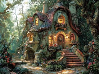 Fototapeta premium A whimsical cottage in a magical forest surrounded by lush greenery