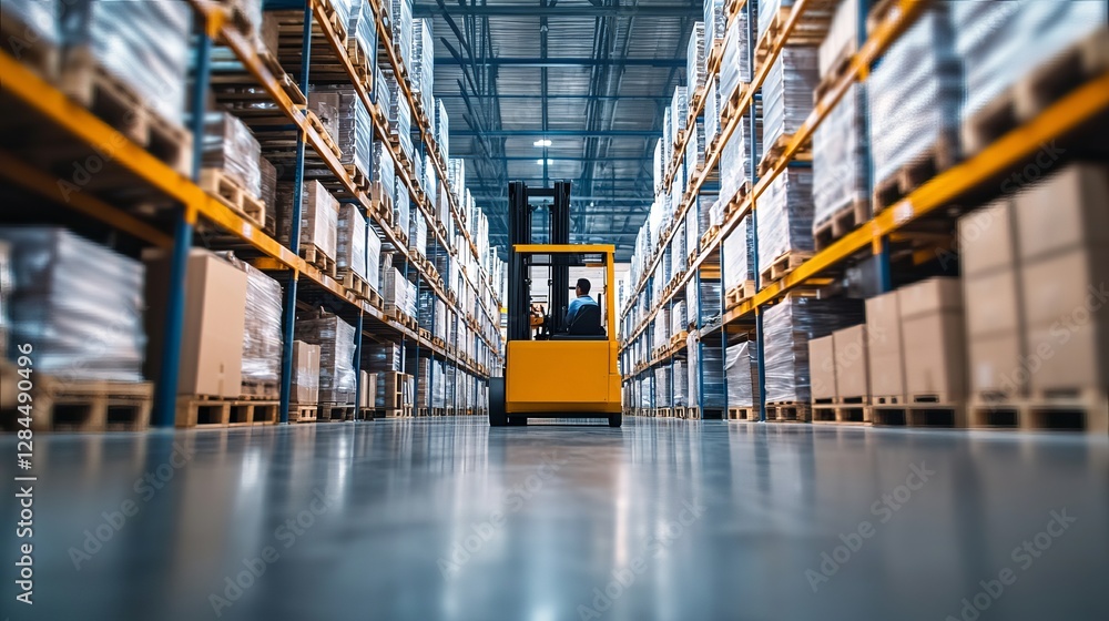 Poster forklift inside a smart warehouse operating in an automated stock storage system with aipowered logi