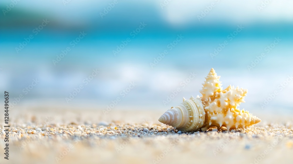 Poster graceful shells resting on sandy beach with a soft blurred ocean background : generative ai