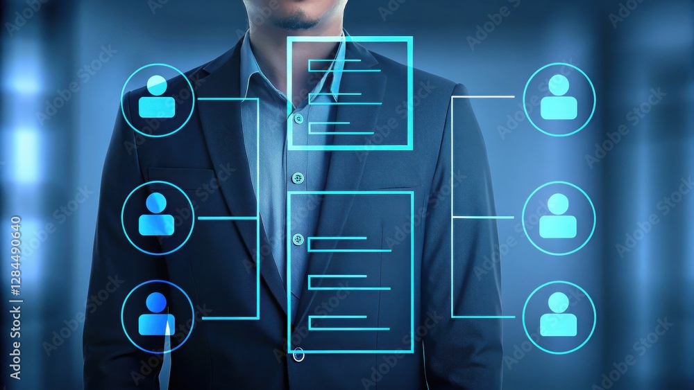 Poster hr recruitment concept digital network visualization with a business professional and user icons, re