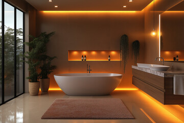 Photographie immobili&egrave;re d&rsquo;une salle de bain moderne luxueuse avec baignoire &icirc;lot et &eacute;clairage d&rsquo;ambiance. HDR, 3D, design, tendance, architecte