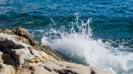 Fototapeta premium Dynamic splash of ocean waves crashing against a rocky shore under bright sunlight showing strength of nature : Generative AI