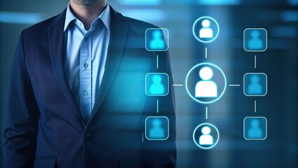 HR recruitment concept Business professional with digital network interface showcasing connections and profiles.