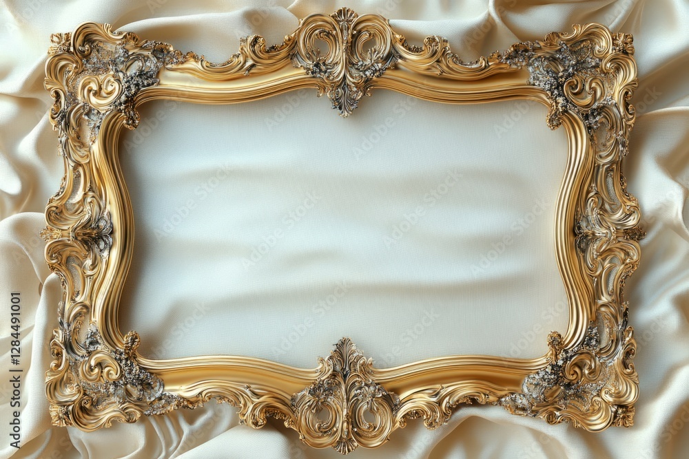Poster elegant golden frame with intricate carvings displayed on flowing white silk, creating a luxurious a