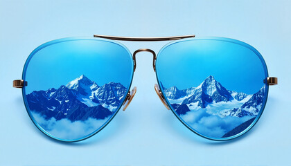 Stylish aviator sunglasses reflecting majestic mountain range, fashion meets nature