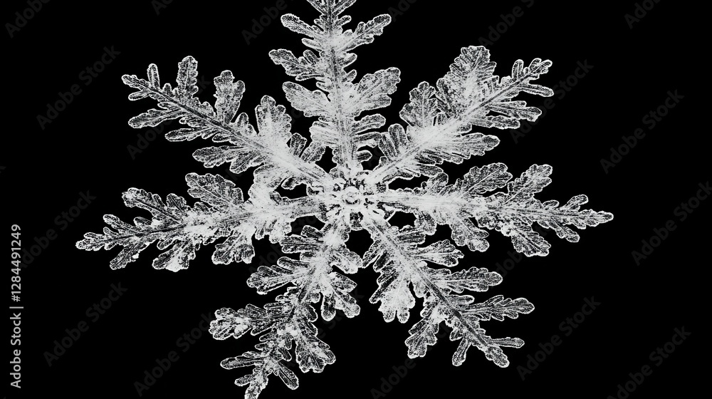 Poster close-up of intricate snowflake on black background highlighting detailed patterns