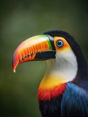 Obraz premium Vividly colored toucan with large bill and eyes, looking to the side, against a green backdrop.