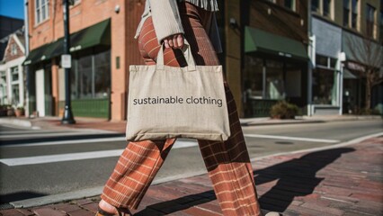 Sustainable Fashion Shopper Walking in Urban Street

