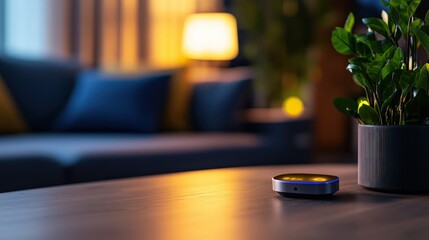 Smart Home Device on Table Surrounded by Modern Furniture and Indoor Plants in Cozy Living Room