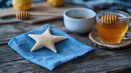 A beach-themed tea set with a starfish accent. Includes coffee cup, sugar bowl, and placemat, all coordinated in a relaxing marine motif.