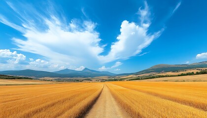 Obraz premium A dirt road through a vast field and clear blue sky