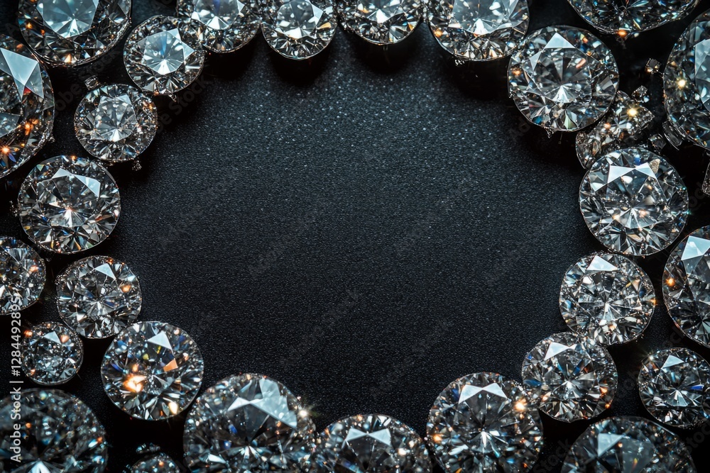Poster many shiny diamonds creating an oval frame on a black background with copy space