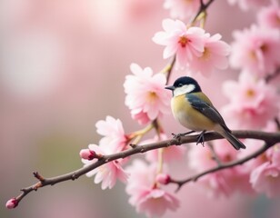 Obraz premium Bird Perched on Cherry Blossom Branch in Springtime