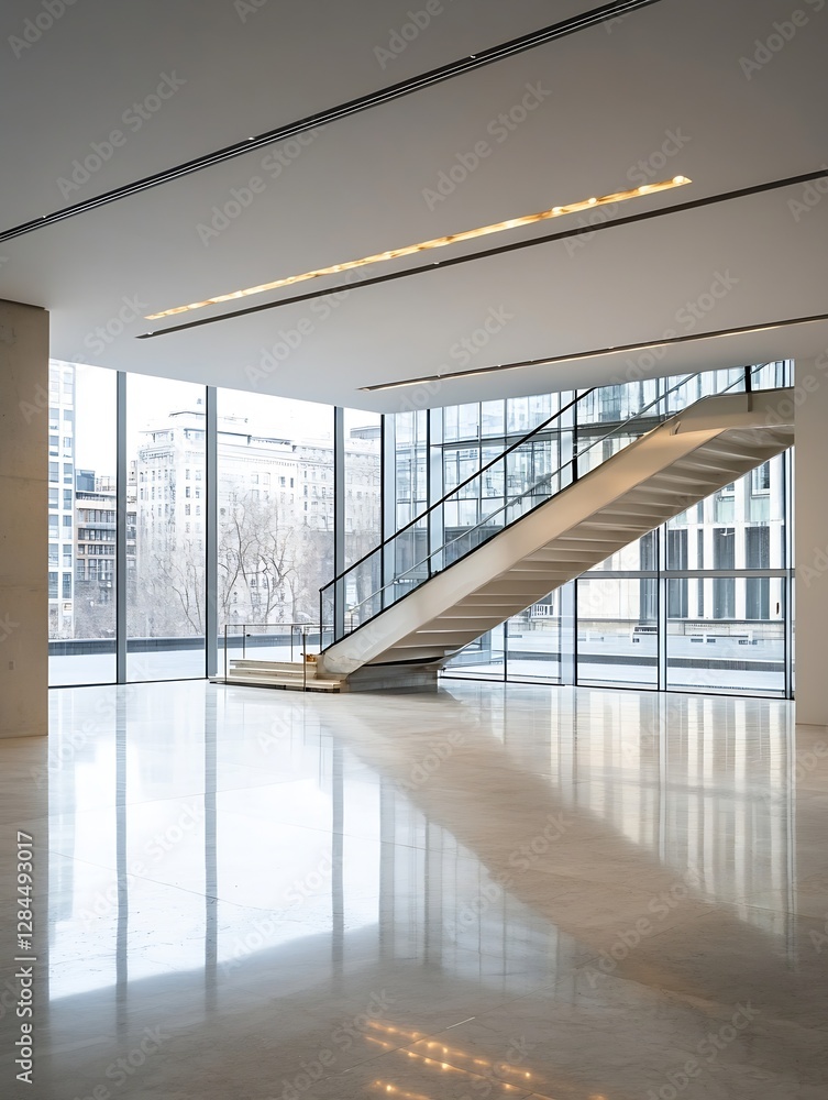 Poster modern interior of an empty building showcasing a stylish staircase and large glass windows with nat