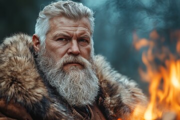 Man with a gray beard in a fur coat sits near a roaring fire in a forest during the evening