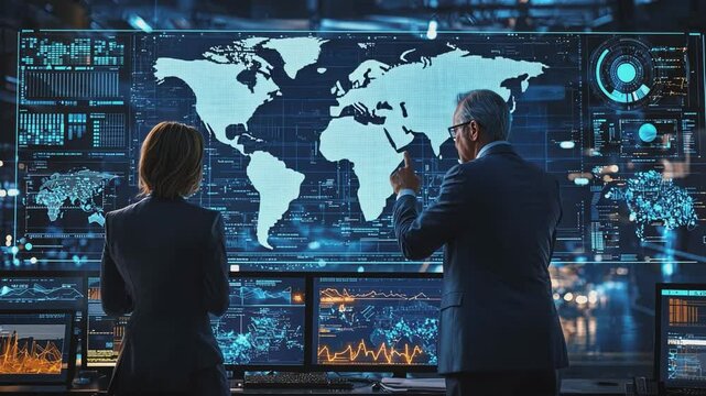 World Leaders in Global Command Center: Two figures, likely leaders or analysts, stand before a massive digital display showcasing a world map and complex data visualizations.