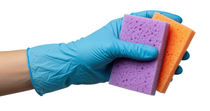 Hand holding colorful sponges while wearing blue cleaning gloves during a household cleaning session on a transparent background