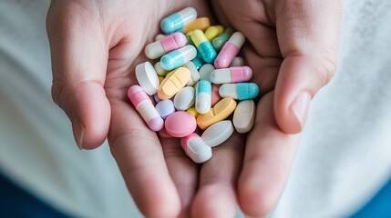 Variety of colorful pills held in hands emphasizing health and wellness in a natural light setting : Generative AI