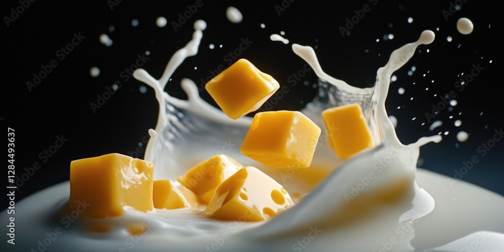 Poster vividly lit photo of a handful of cheese cubes being tossed into milk, creating a dynamic splash eff