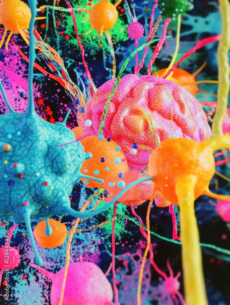 Aufkleber brightly colored molecules with neurotransmitters forming a network in the shape of a brain.