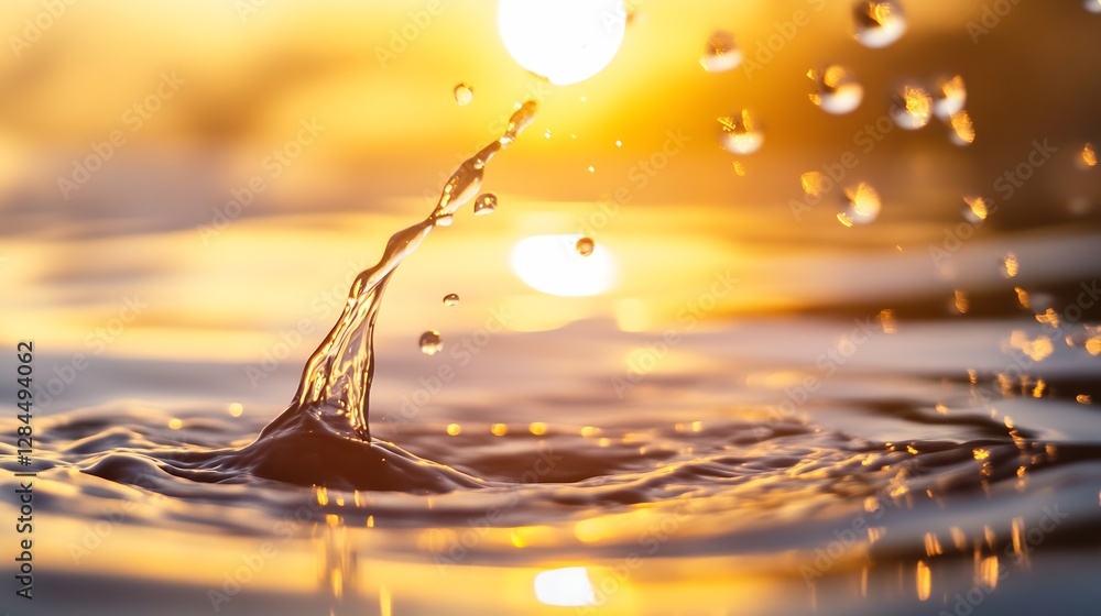 Aufkleber closeup image of water droplets splashing against the backdrop of a glowing setting sun over water :