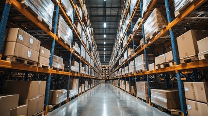 Interior of a storehouse with stacked cardboard boxes on tall metal racks ready for transportation in a vacant industrial warehouse